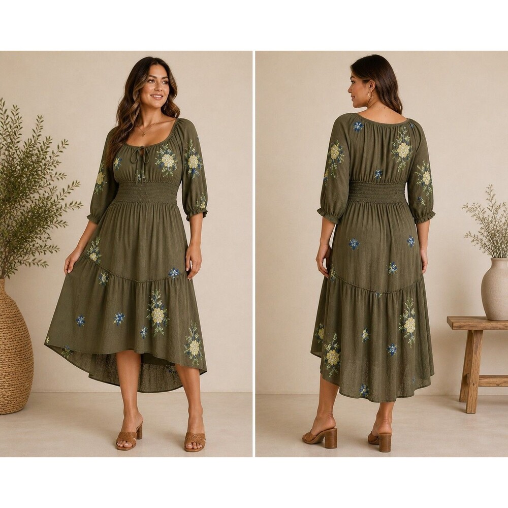 Fig And Flower Dress PXL Olive Embroidered Boho Cottagecore Midi